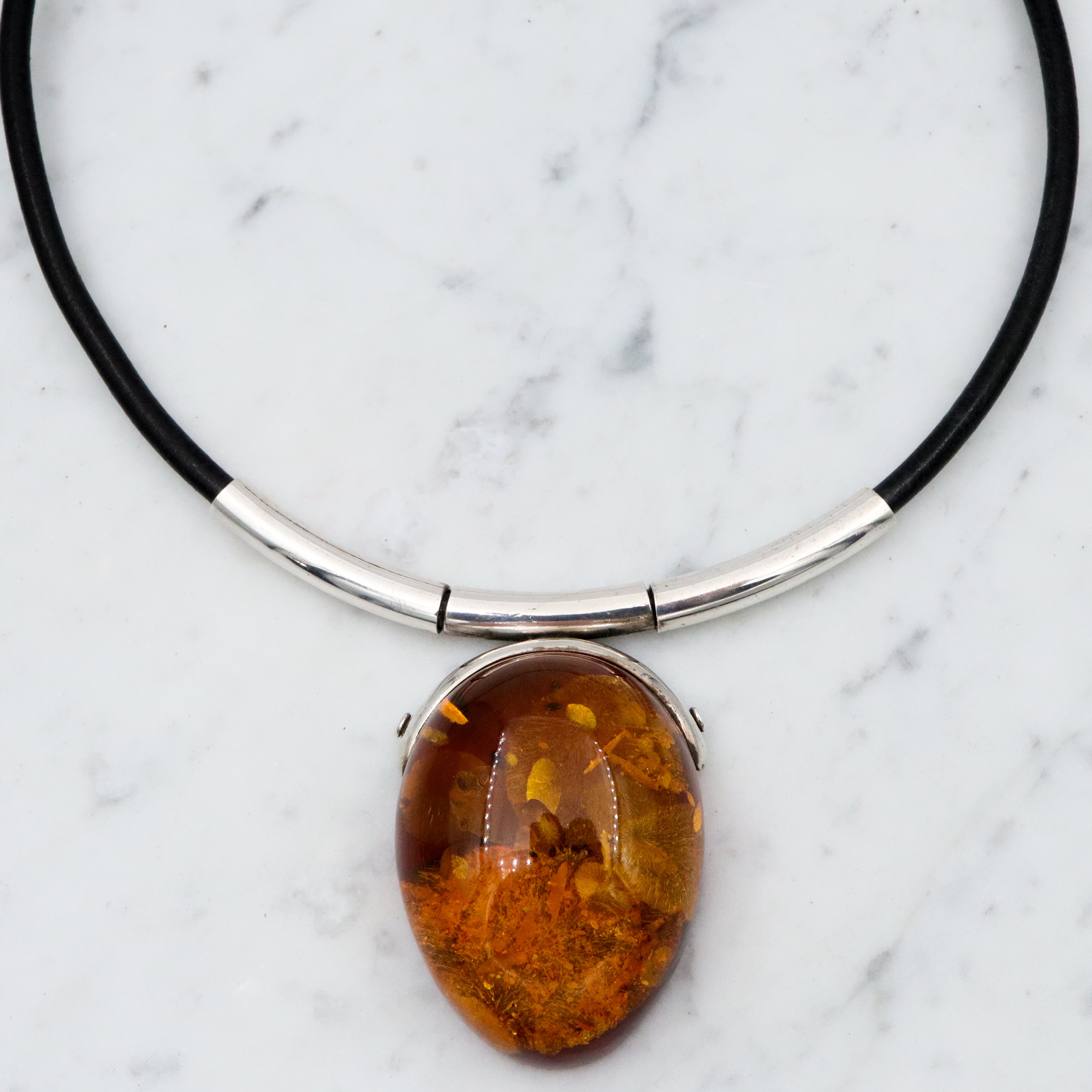 Massive retro amber sterling pendant necklace on leather cord